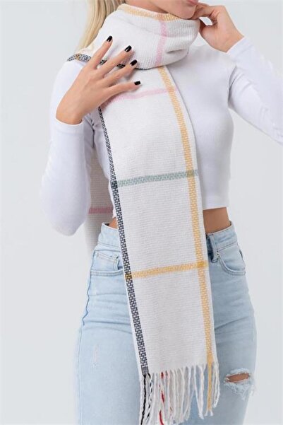 Neşeli Butik Ecru Soft Textured Square Line Patterned Tassels Shawl Scarf Nbaks036