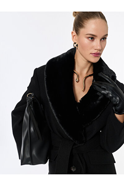 Koton Faux Fur Collar Coat with Cashmere Belt Long Sleeves