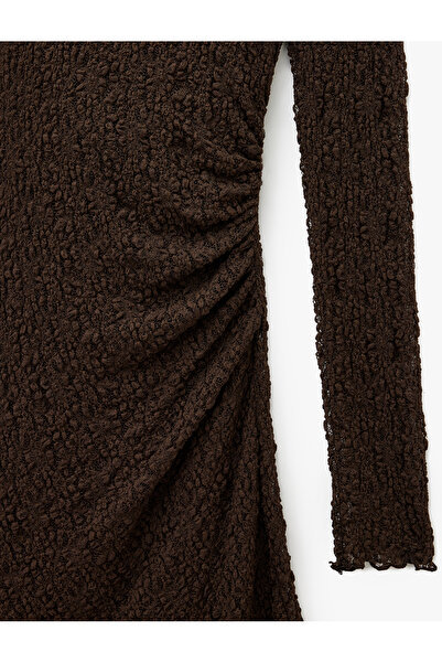 Koton Slim Fit Draped Long Sleeve Deep U Neck Asymmetrical Cut Lace Dress