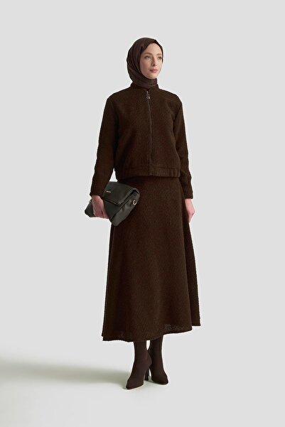Armine TREND Bomber Jacket Zippered Lined Tweed Skirt Two-Piece Set Brown 25Kt627