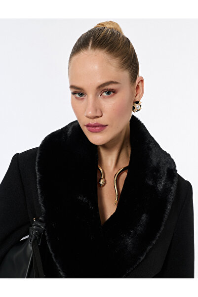 Koton Faux Fur Collar Coat with Cashmere Belt Long Sleeves