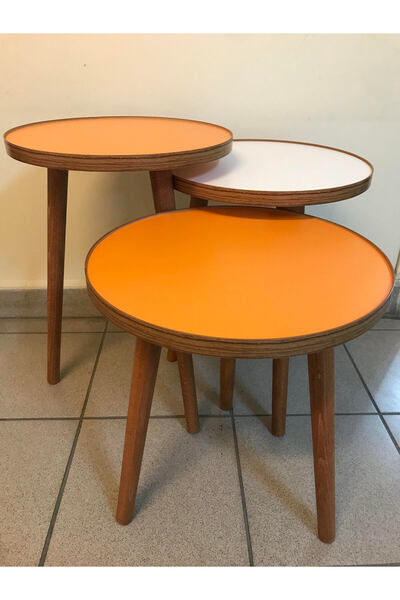 Tasarım 3.lü zigon sehpa 37cm 1.kalite mdf tabla Ekru ve Turuncu kullanıma ha...