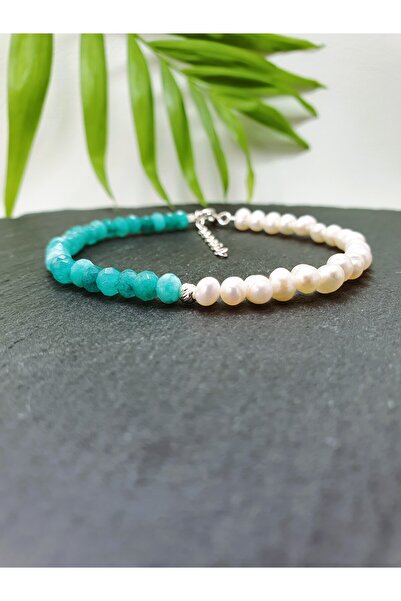 Abundo Cultured pearl and turquoise jade bracelet with 925 silver, 17 cm