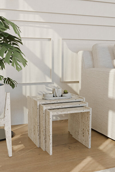 Estoria Home Traverten Mermer Desen 3lü Zigon Seti Modern Zigon Sehpa Koltuk ...