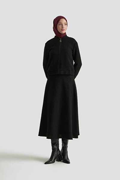 Armine TREND Bomber Jacket Zippered Lined Tweed Skirt Two-Piece Set Black 25Kt627