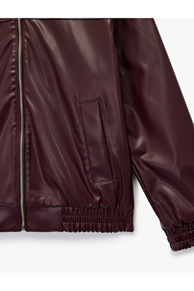 Koton Classic Collar Pocketed Zippered Faux Leather Oversized Bomber Jacket