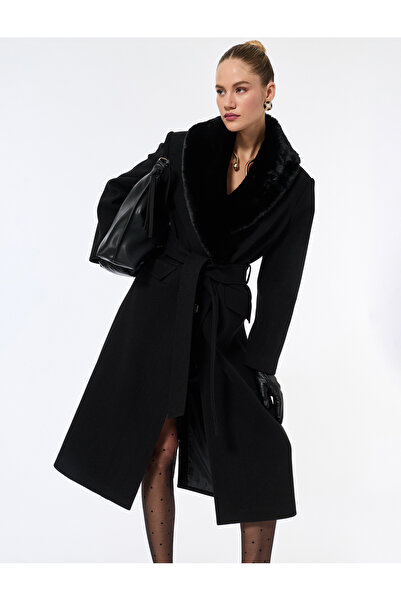 Koton Faux Fur Collar Coat with Cashmere Belt Long Sleeves