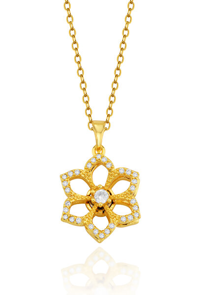Cosmia Shine Elegant Necklace with Zircon Stone and Gold Color Flower Motif