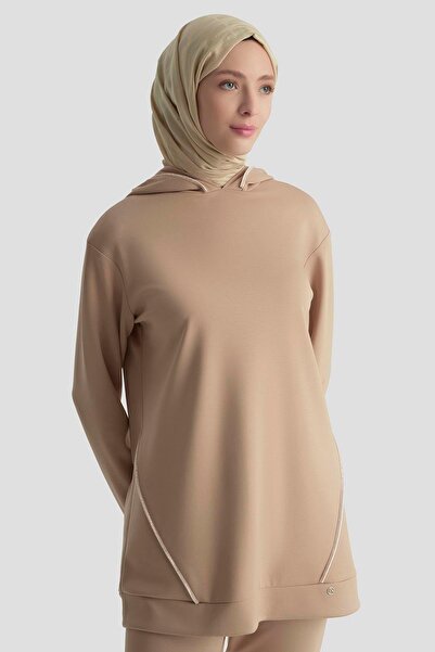 Armine TREND Taşlı Striped Detail Hooded Double Sports Suit with Trousers Beige 25Kt603