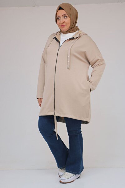 Eslina 43068 Plus Size Skirt Oval Cut Modal Jacket - Beige