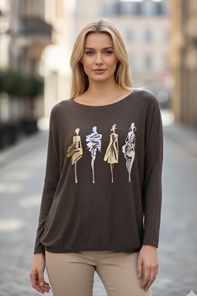 Chiccy Italian Brown Pool Collar Long Sleeve Varak B Printed Casual Knitwear Blouse 70 70