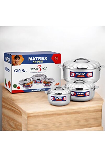 Generic Indian stainless steel food storage container set, three sizes: 2500ml, 3500ml, and 5000ml