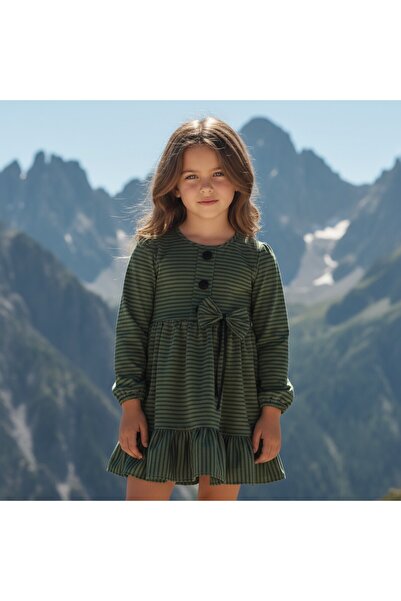 FESSHERA KİDS Φόρεμα για κορίτσια χειμερινό ριγέ φόρεμα με λεπτομέρεια με λαιμόκοψη με φιόγκο με μακρυμάνικο βολάν χειμερινό φόρεμα