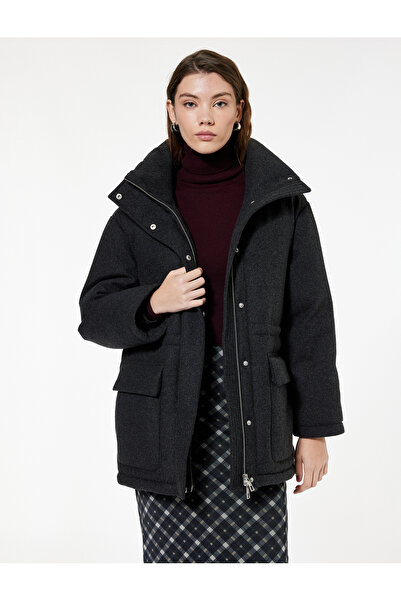 Koton Sheep Wool Blended Pocketed Mock Neck Long Sleeve Oversized Cashmere Coat