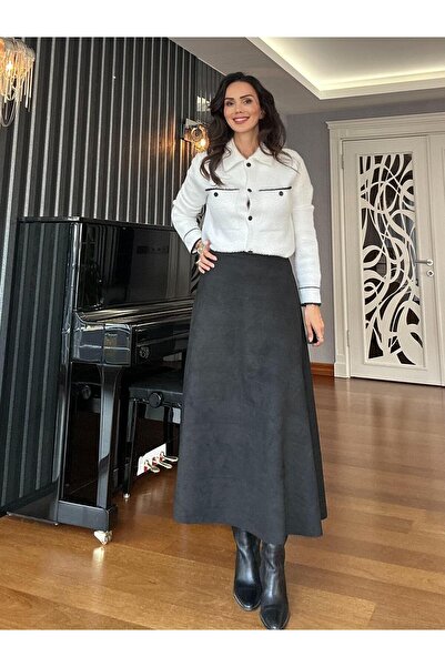 Atelier Derin Black Elastic Waist Suede Bell Skirt