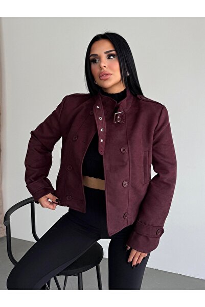HARMONY GLOBAL Women's Burgundy Buckle Collar and Button Detail Vorse Suede Short Jacket – Elegant Posture, Stylish Suede Coat 7615