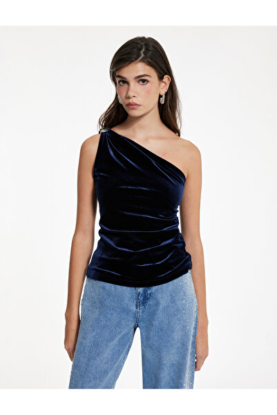 Koton Asymmetrical Neckline Sleeveless One Shoulder Velvet Blouse with Accessory Detail