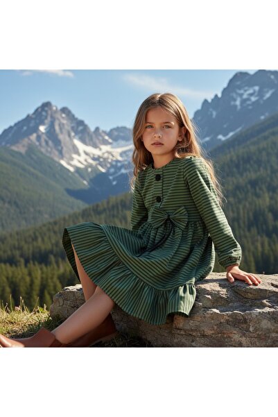 FESSHERA KİDS Φόρεμα για κορίτσια χειμερινό ριγέ φόρεμα με λεπτομέρεια με λαιμόκοψη με φιόγκο με μακρυμάνικο βολάν χειμερινό φόρεμα