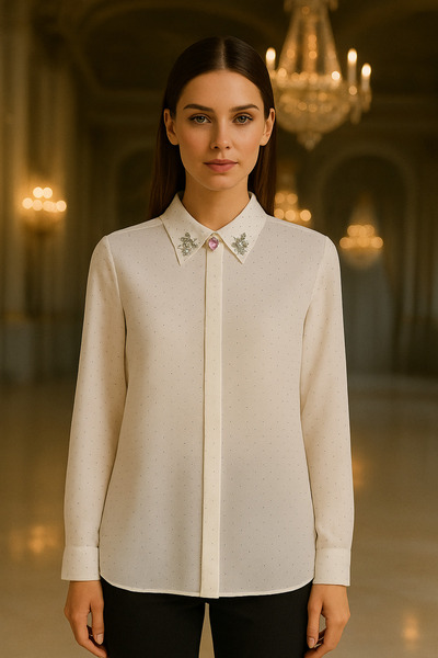 TUSSE Elegant Polka Dot Printed Collar Stone Embroidered Plus Size Classic Evening Dress Shirt