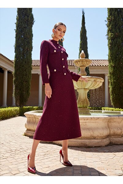 1Moda1Tarz Imported Tweed Fabric Button Detailed Lined Special Design Long Dress