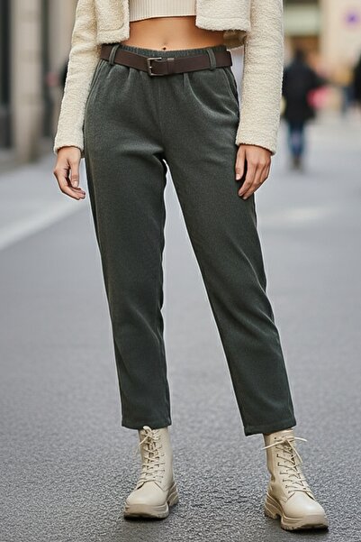 Chiccy Italian Khaki Pocketed Belted Elastic Waist Jogger Leg Casual Velvet Woven Trousers 100 65