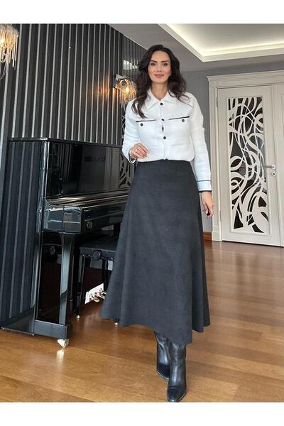 Atelier Derin Black Elastic Waist Suede Bell Skirt