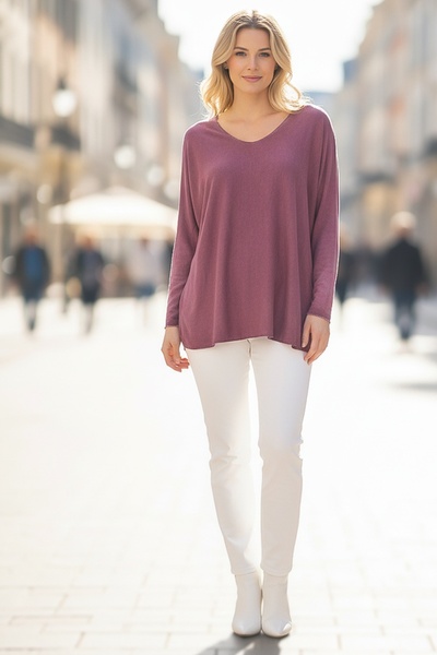 Chiccy Italian Plum Color V-Neck Long Sleeve Slim Washed Collar Skirt and Sleeve Tip Lurex Drawstring Knitwear Blouse 70 68