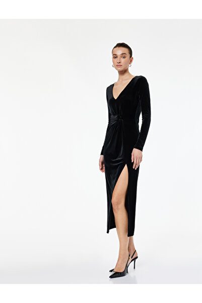 Koton فستان ميدي قصة ضيقة بأكمام طويلة وفتحة رقبة على شكل حرف V وتفاصيل مشقوقة