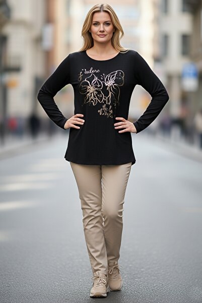 Chiccy Italian Black Pool Neck Long Sleeve Floral Leaf B Printed Casual O Oversized Knitwear Blouse 75 75