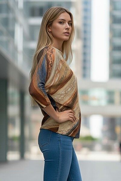 Chiccy Italian Beige-Brown Striped Boat Neck Batwing Sleeve Lurex Textured Casual Mercerized Knitwear Blouse 68 70
