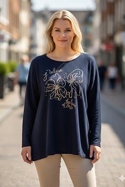 Chiccy Italian Navy Blue Pool Collar Long Sleeve Floral Varak B Printed Casual O Oversized Knitwear Blouse 75 75