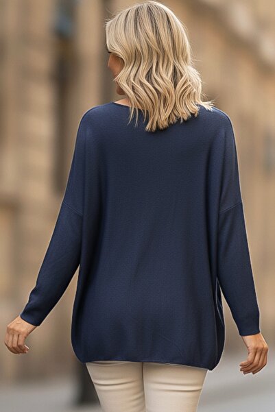 Chiccy Italian Navy Blue Pool Neckline Long Sleeve Slim Star Applique Casual Knitwear Blouse 70 70