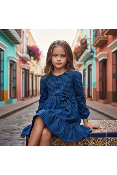 FESSHERA KİDS Girls' Dress Winter Striped Bow Collar Detailed Long Sleeve Ruffled Winter Dress