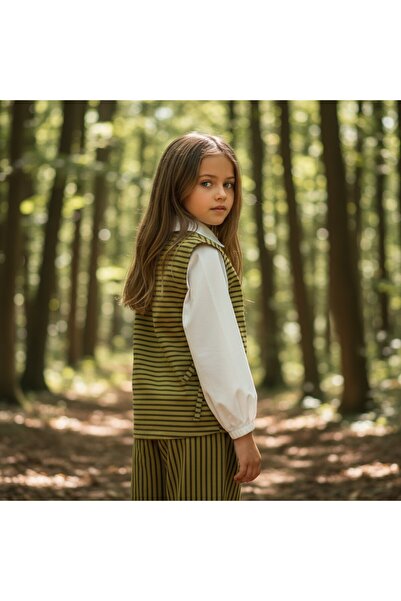 FESSHERA KİDS Girl's Shirt Collar Shirt Look Vest Set Striped Double Suit / Blouse and Pants Set