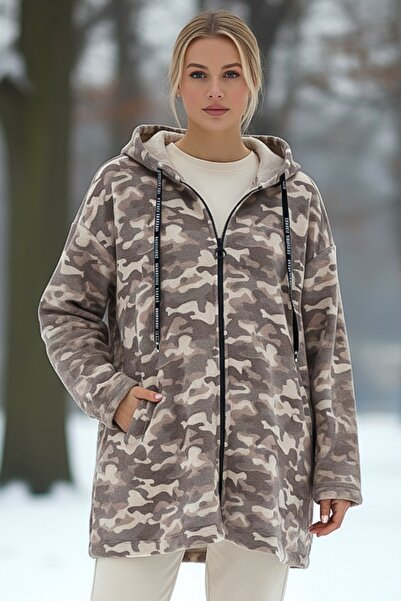 Chiccy Italian Camouflage Beige K Hooded Long Sleeve Casual Cashmere Woven Jacket with Zippered Pockets 80 70