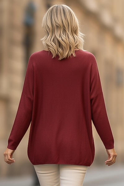 Chiccy Italian Burgundy Pool Neck Long Sleeve Slim Star Applique Casual Knitwear Blouse 70 70