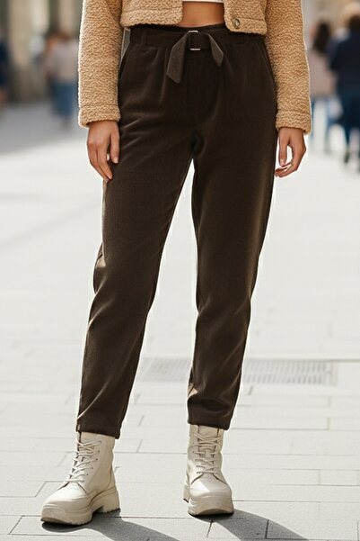 Chiccy Italian Brown Pocketed Belted Elastic Waist Jogger Leg Casual Velvet Woven Trousers 100 65