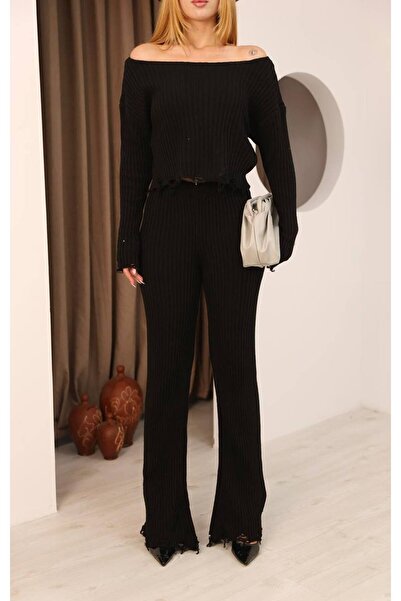 GRODYT Grody.T Women's Black, Long-Sleeved Corded Fabric Ribbed Knitwear Fabric with Gathered Details Is a Top-And-Bottom Set.