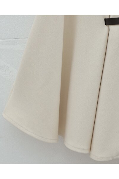 Modamorfo Buttoned Cashmere Poncho with Fur Collar and Belted Waist - Beige