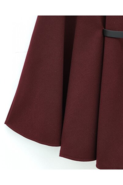 Modamorfo Buttoned Cashmere Poncho with Fur Collar and Belted Waist - Burgundy
