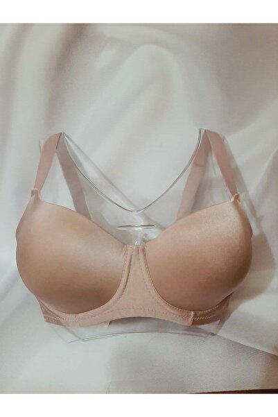 Butik Pudra rengi saten desteksiz balenli sütyen ve saten arkası transparan k...