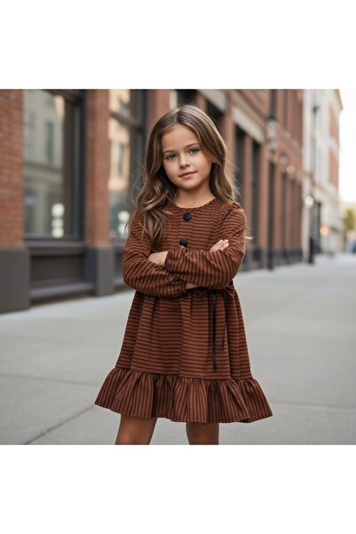 FESSHERA KİDS Girls' Dress Winter Striped Bow Collar Detailed Long Sleeve Ruffled Winter Dress