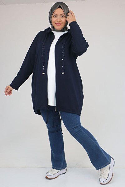Eslina 43068 Plus Size Skirt Oval Cut Modal Jacket - Navy Blue