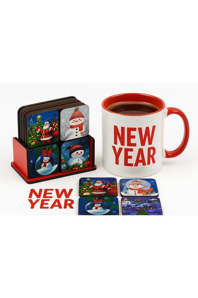 ATAGİFT HEDİYELİK Christmas Themed Set of 6 Coasters – Christmas, Snowman, Santa Claus Patterned Coasters