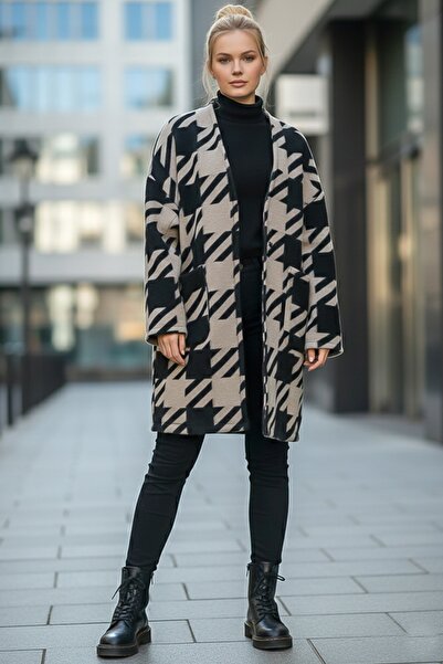 Chiccy Italian Black-Beige Kimono Collar Long Sleeve Houndstooth Unlined Casual Cashmere Woven Jacket with Pockets 100 75