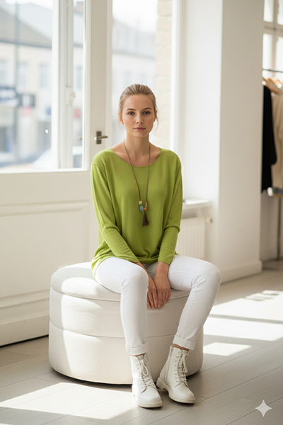 Chiccy Italian Pistachio Green Pool Collar Long Sleeve Slim Necklace Casual Knitwear Blouse 70 65