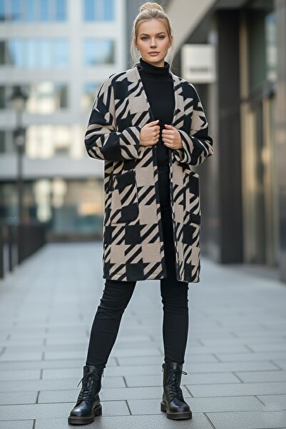 Chiccy Italian Black-Beige Kimono Collar Long Sleeve Houndstooth Unlined Casual Cashmere Woven Jacket with Pockets 100 75