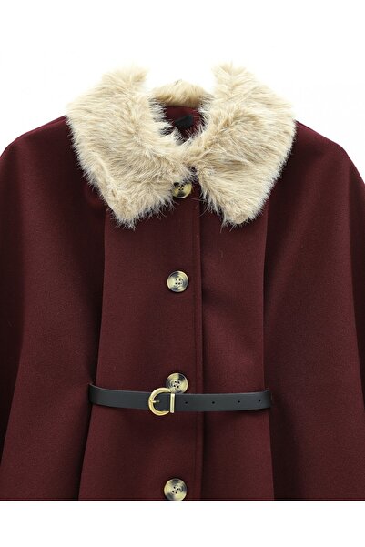 Modamorfo Buttoned Cashmere Poncho with Fur Collar and Belted Waist - Burgundy