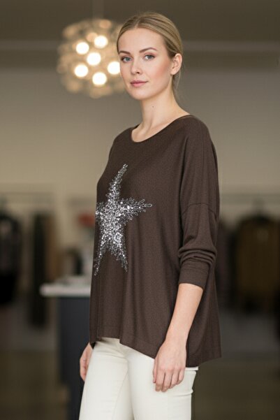 Chiccy Italian Brown Pool Neck Long Sleeve Slim Star Applique Casual Knitwear Blouse 70 70