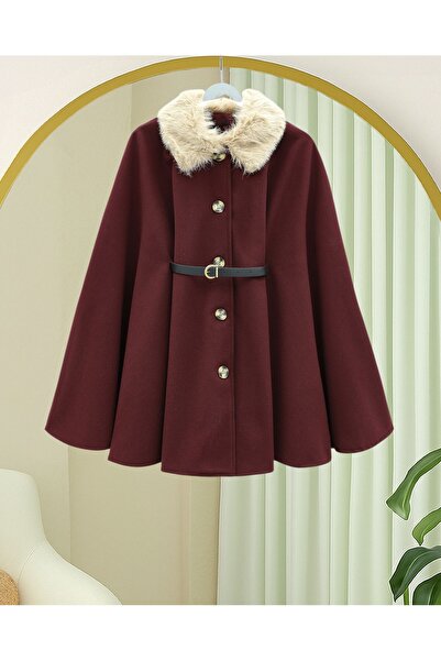 Modamorfo Buttoned Cashmere Poncho with Fur Collar and Belted Waist - Burgundy
